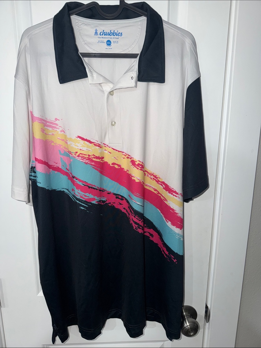 chubbies White Black Polo with Pink Yellow and Aqua Splash